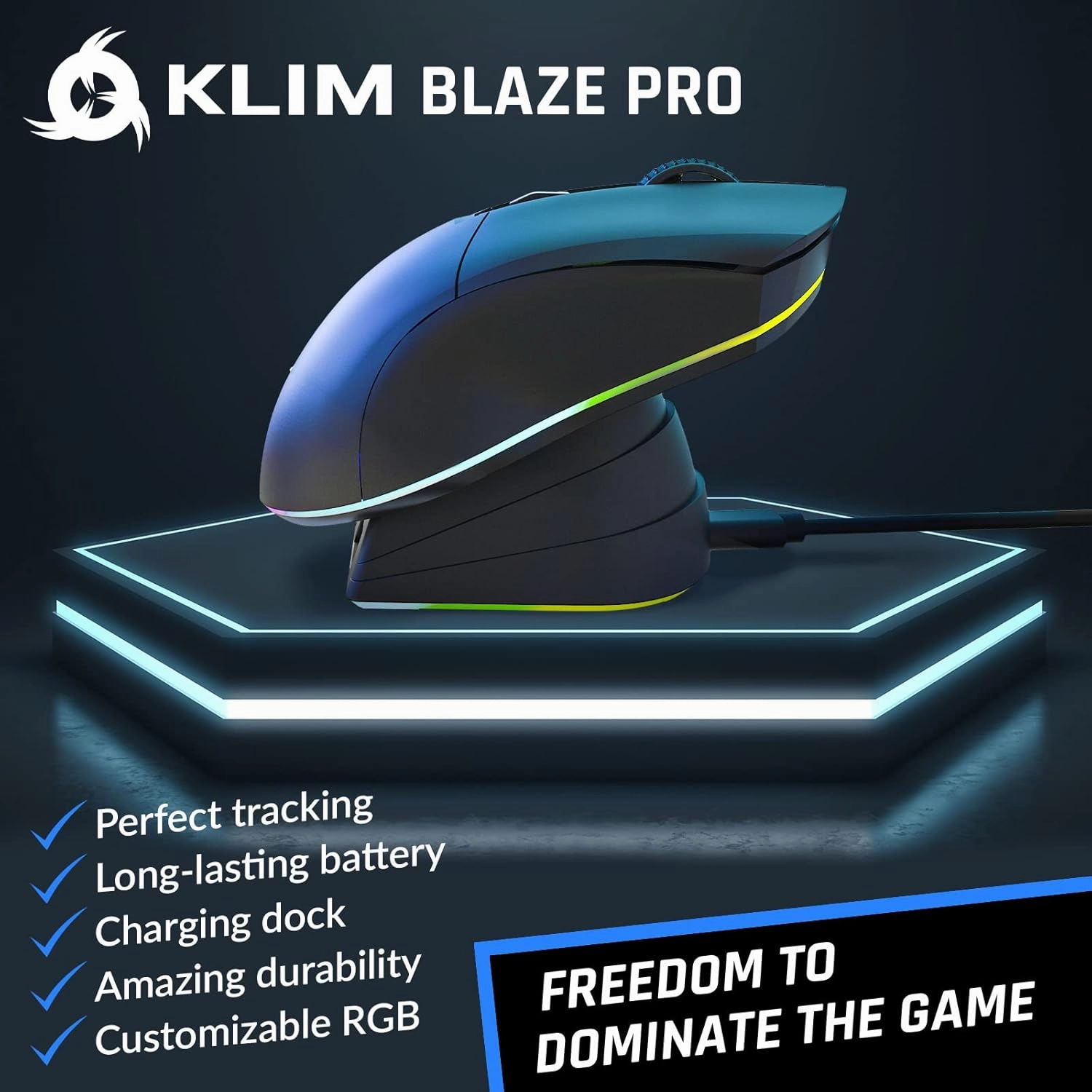KLIM Blaze Pro Rechargeable Wireless Gaming Mouse with Charging Dock RGB - New Version 2024 - High-Precision Sensor and Long-Lasting Battery - Up to 6000 DPI - Great PC Gaming Mouse Wireless