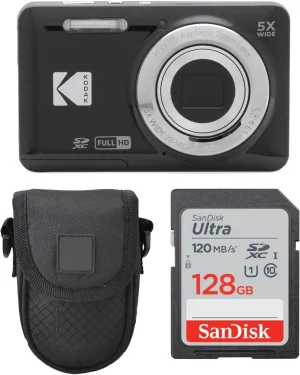 Kodak PIXPRO FZ55 Digital Camera (Black)   Point & Shoot Camera Case   Sandisk 128GB SDXC Memory Card