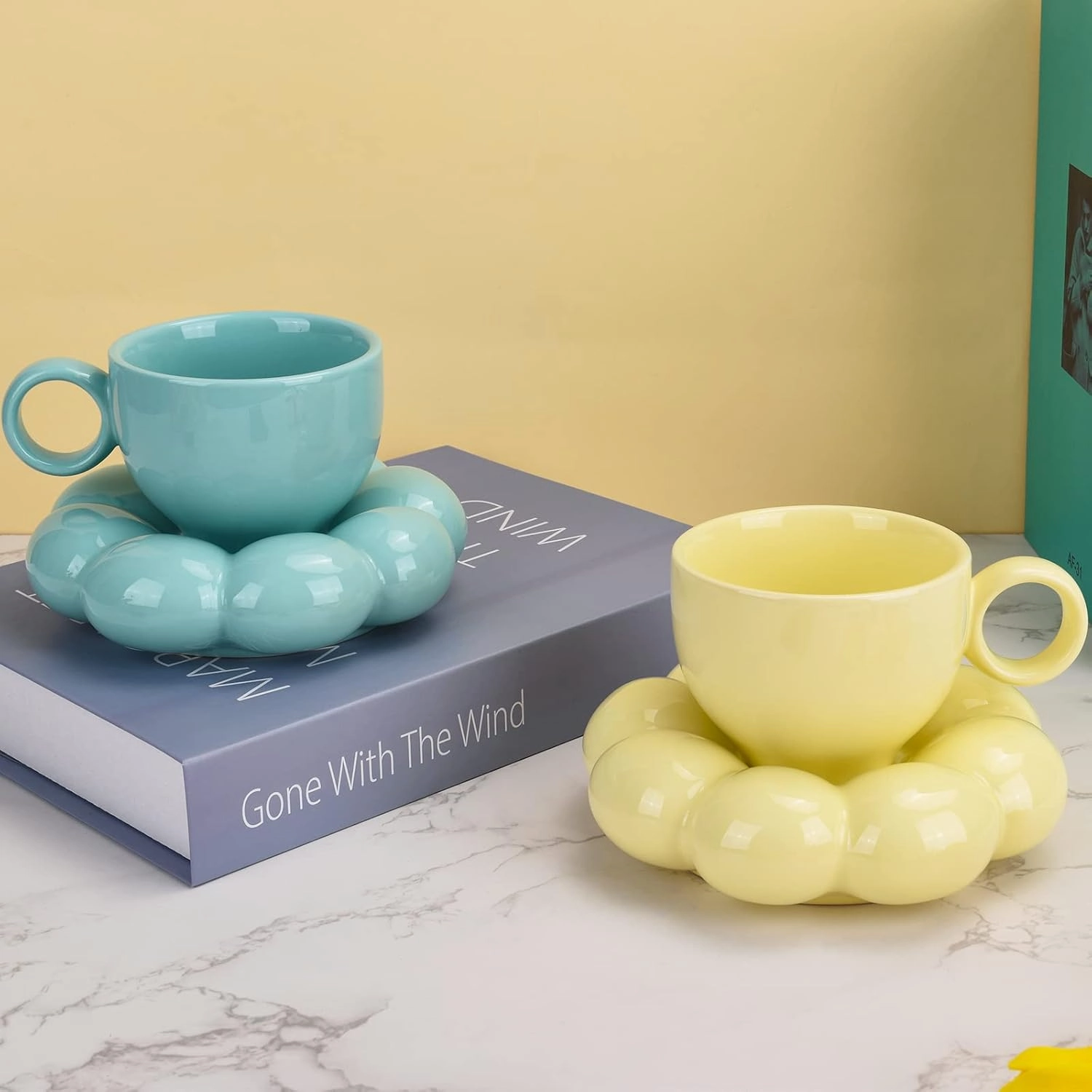 Koythin Ceramic Coffee Mug with Saucer Set, Creative Cute Cup with Sunflower Coaster for Office and Home, Dishwasher and Microwave Safe, 6.5 oz/200 ml for Tea Latte Milk (Blue-green)