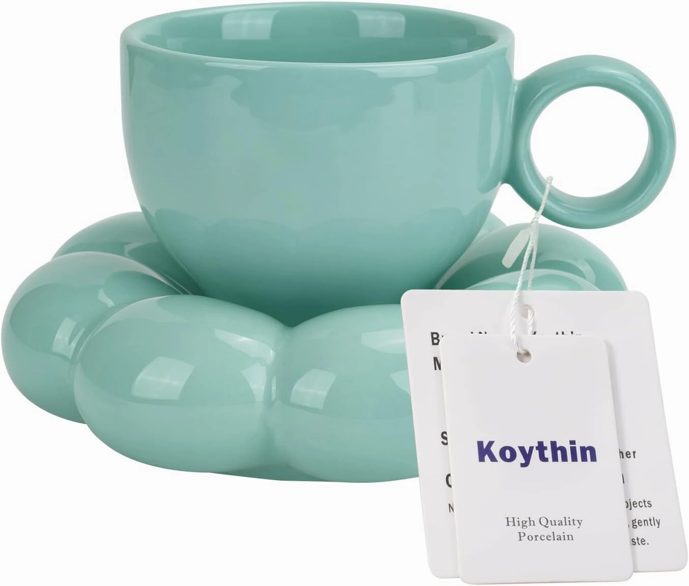 Koythin Ceramic Coffee Mug with Saucer Set, Creative Cute Cup with Sunflower Coaster for Office and Home, Dishwasher and Microwave Safe, 6.5 oz/200 ml for Tea Latte Milk (Blue-green)