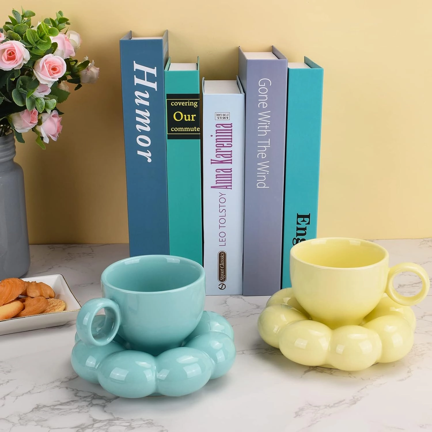 Koythin Ceramic Coffee Mug with Saucer Set, Creative Cute Cup with Sunflower Coaster for Office and Home, Dishwasher and Microwave Safe, 6.5 oz/200 ml for Tea Latte Milk (Blue-green)