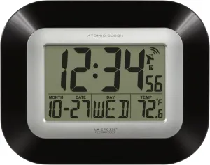 La Crosse Technology WT-8005U-B-INT Atomic Digital Wall Clock with Indoor Temperature, Black,