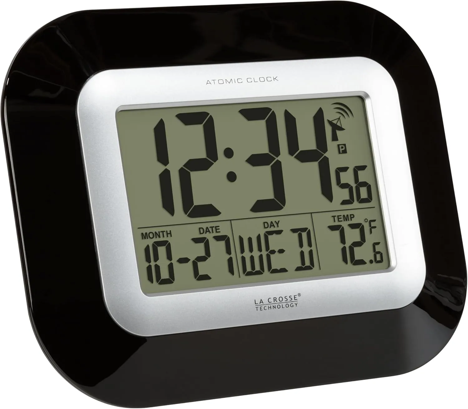 La Crosse Technology WT-8005U-B-INT Atomic Digital Wall Clock with Indoor Temperature, Black,