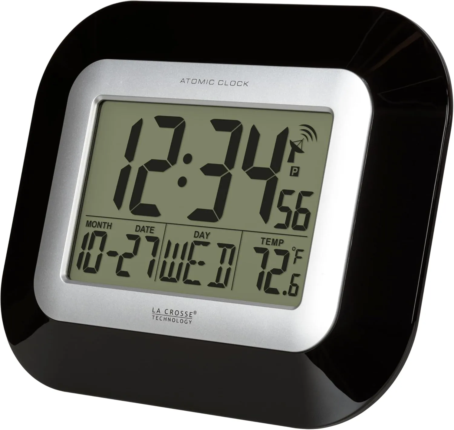 La Crosse Technology WT-8005U-B-INT Atomic Digital Wall Clock with Indoor Temperature, Black,