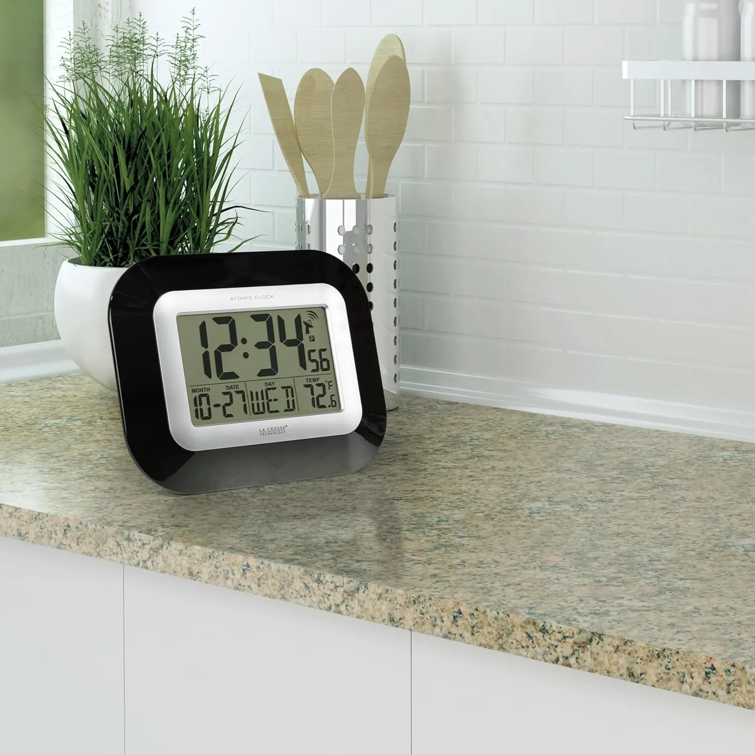 La Crosse Technology WT-8005U-B-INT Atomic Digital Wall Clock with Indoor Temperature, Black,