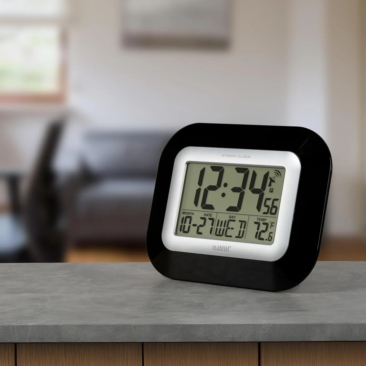 La Crosse Technology WT-8005U-B-INT Atomic Digital Wall Clock with Indoor Temperature, Black,