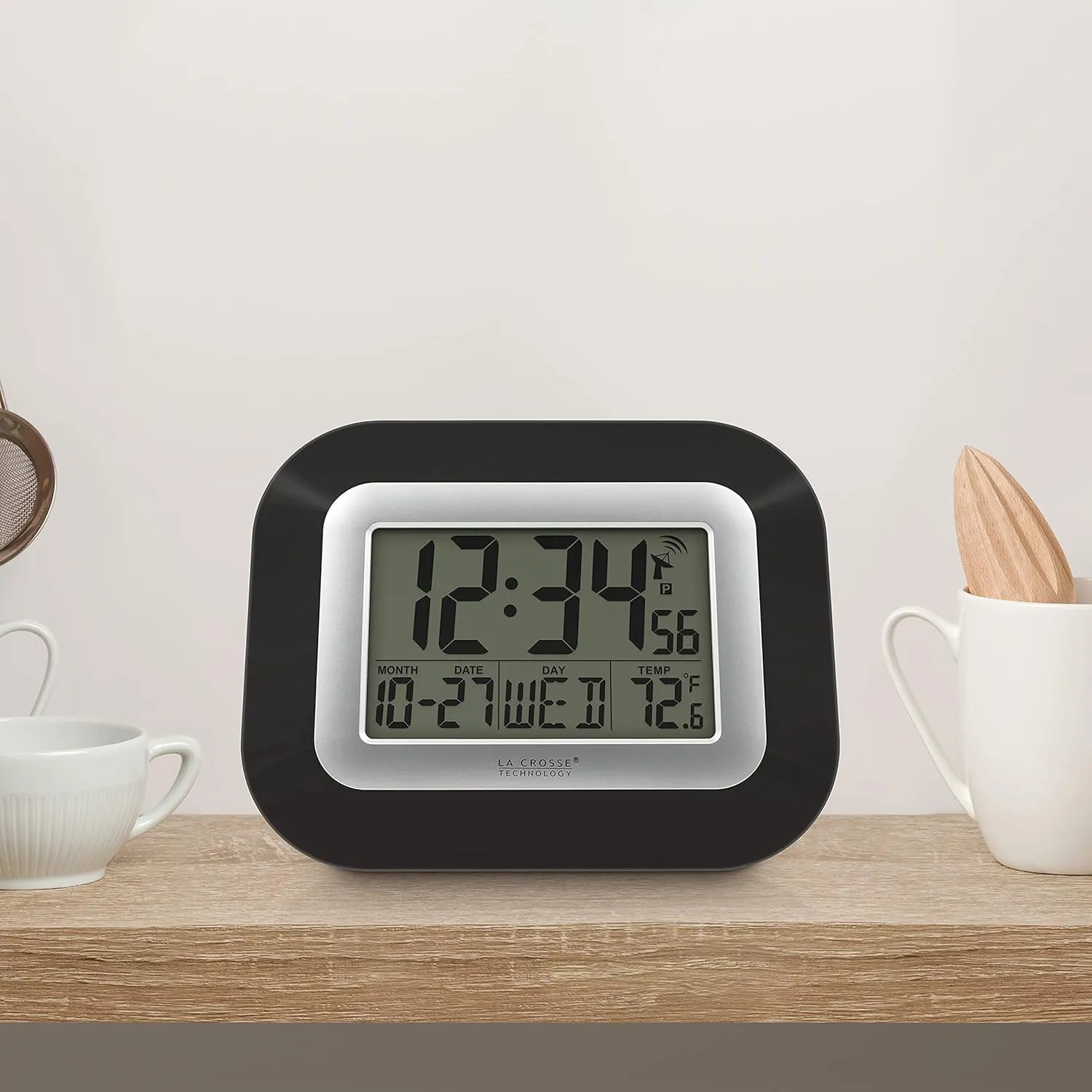 La Crosse Technology WT-8005U-B-INT Atomic Digital Wall Clock with Indoor Temperature, Black,