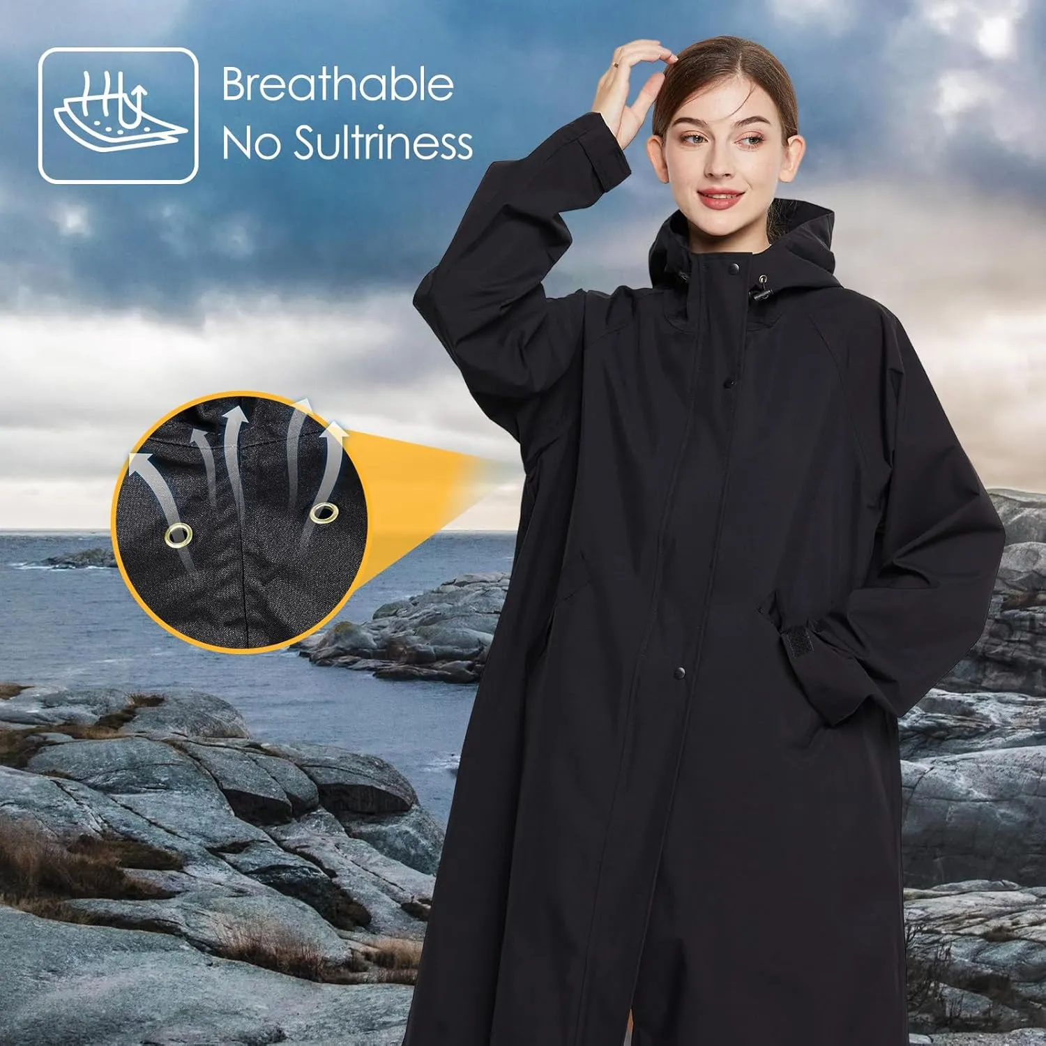 LAMA Long Raincoat for Women, Lightweight Rain Coat with Hooded, Waterproof Rain Jacket, Packable Rainwear