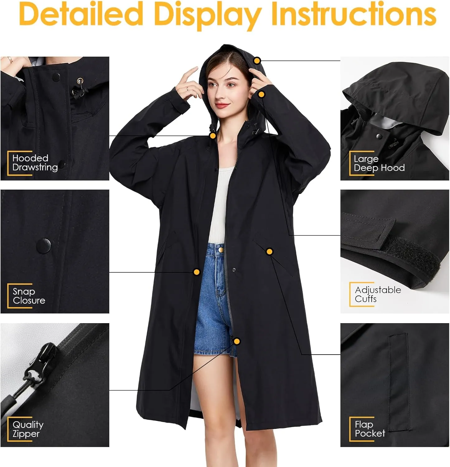 LAMA Long Raincoat for Women, Lightweight Rain Coat with Hooded, Waterproof Rain Jacket, Packable Rainwear