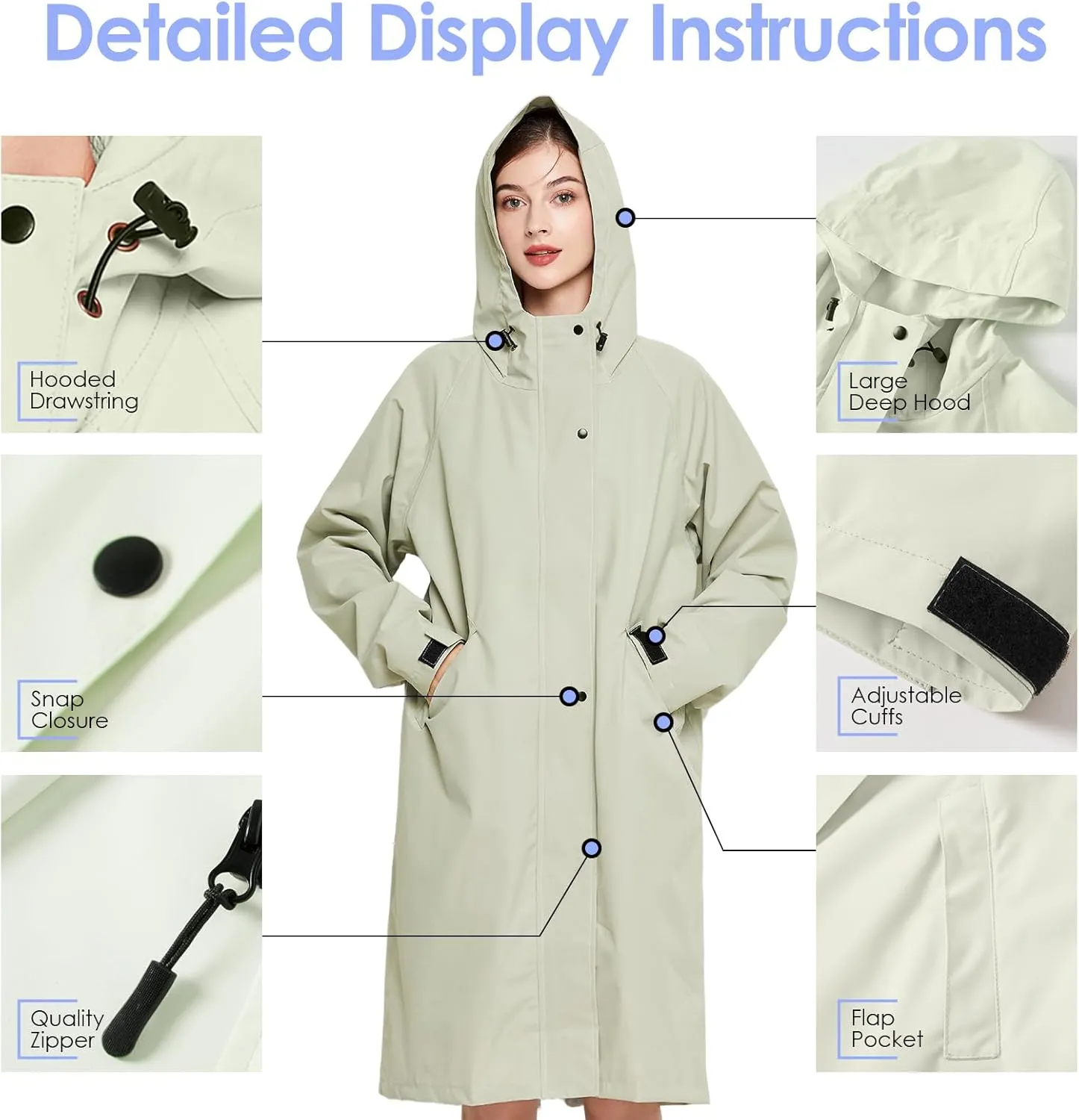 LAMA Long Raincoat for Women, Lightweight Rain Coat with Hooded, Waterproof Rain Jacket, Packable Rainwear