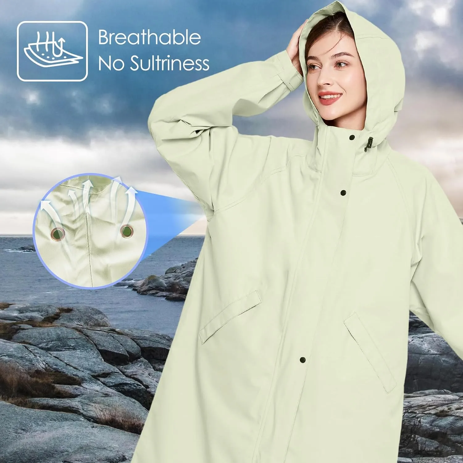 LAMA Long Raincoat for Women, Lightweight Rain Coat with Hooded, Waterproof Rain Jacket, Packable Rainwear