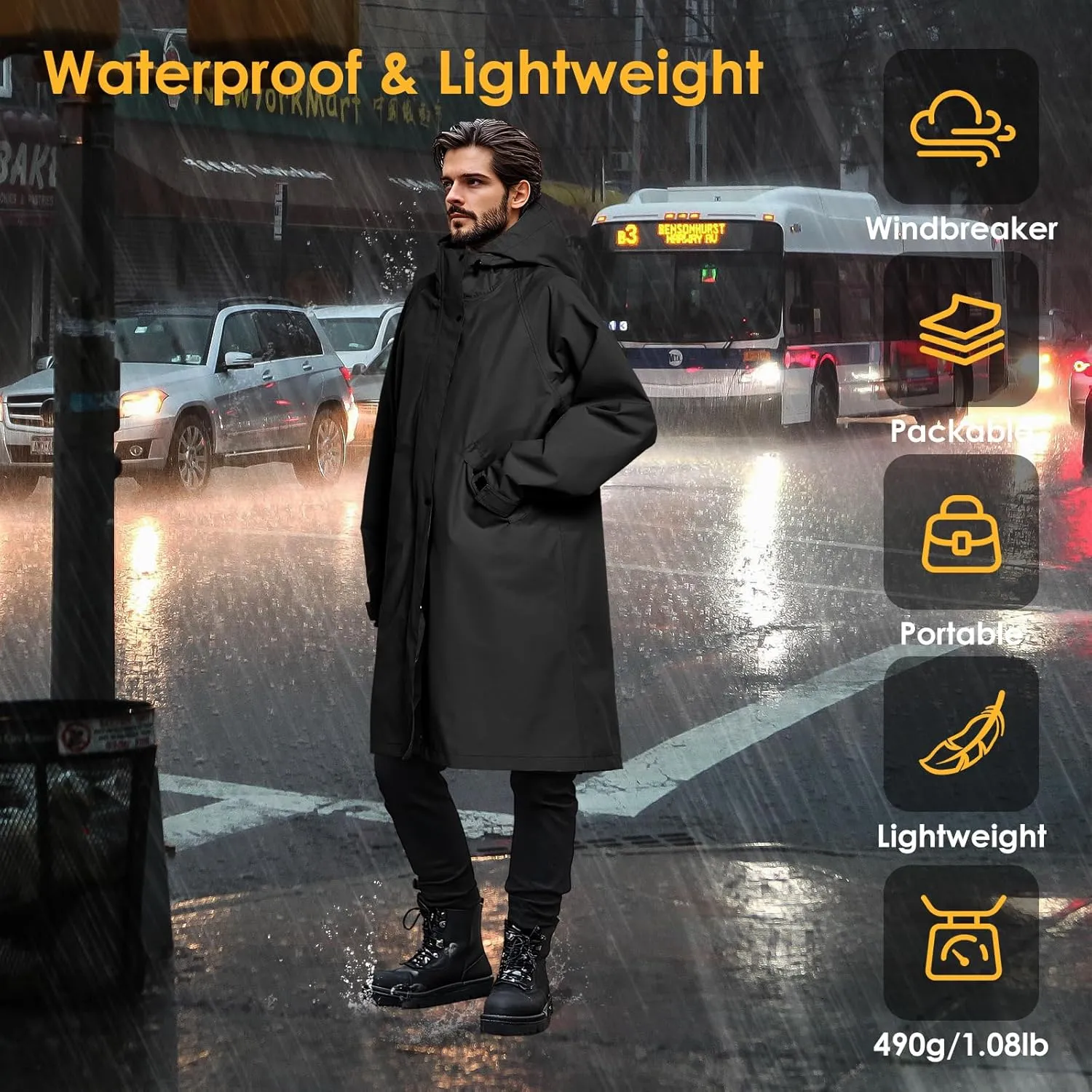LAMA Long Raincoat for Women, Lightweight Rain Coat with Hooded, Waterproof Rain Jacket, Packable Rainwear