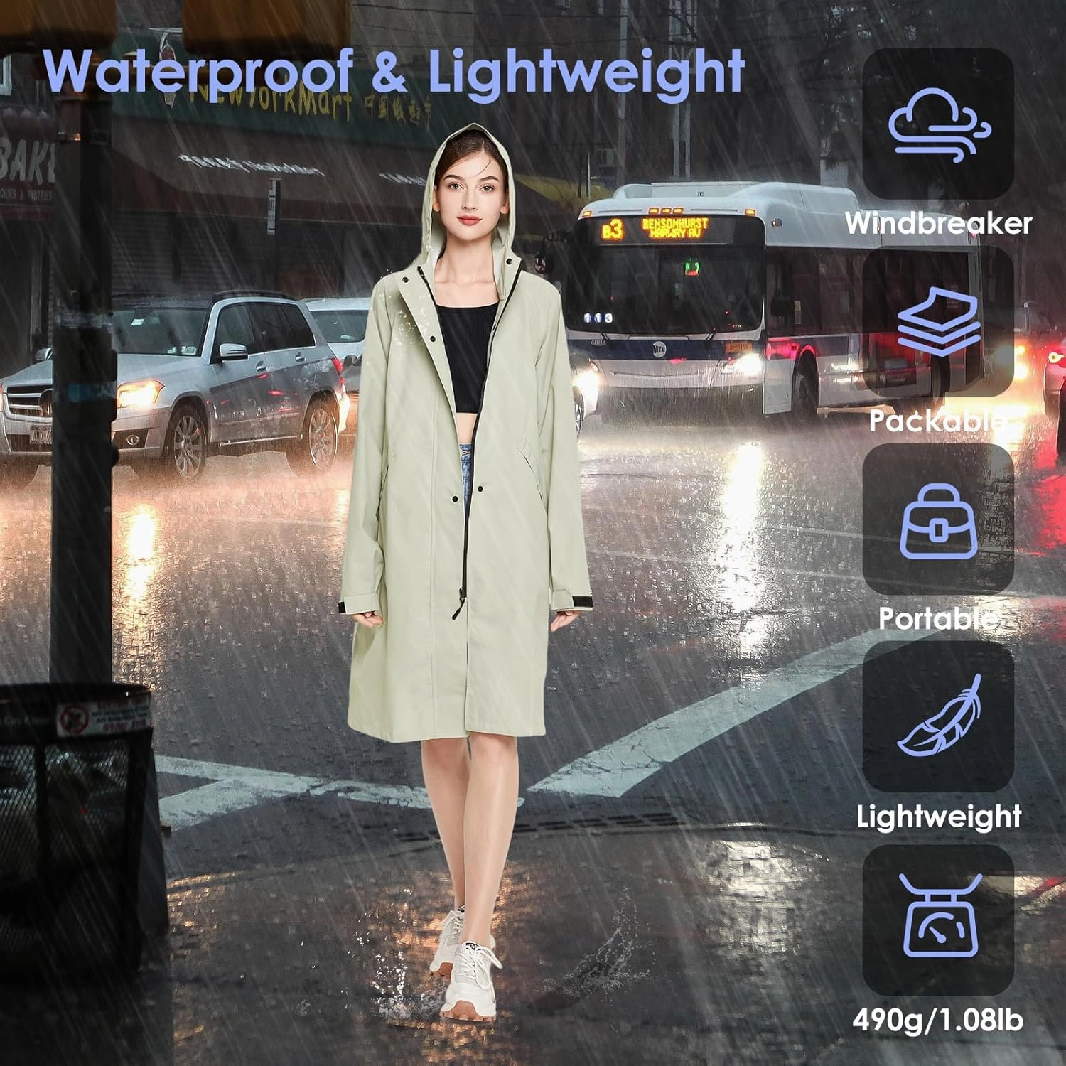 LAMA Long Raincoat for Women, Lightweight Rain Coat with Hooded, Waterproof Rain Jacket, Packable Rainwear
