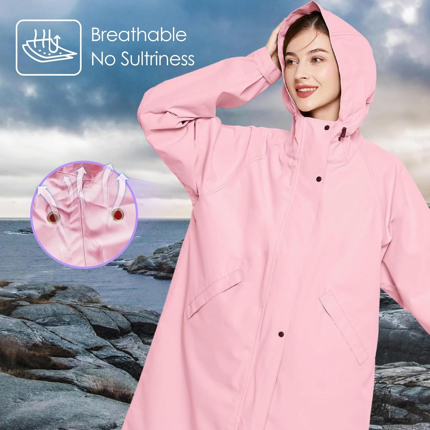 LAMA Long Raincoat for Women, Lightweight Rain Coat with Hooded, Waterproof Rain Jacket, Packable Rainwear