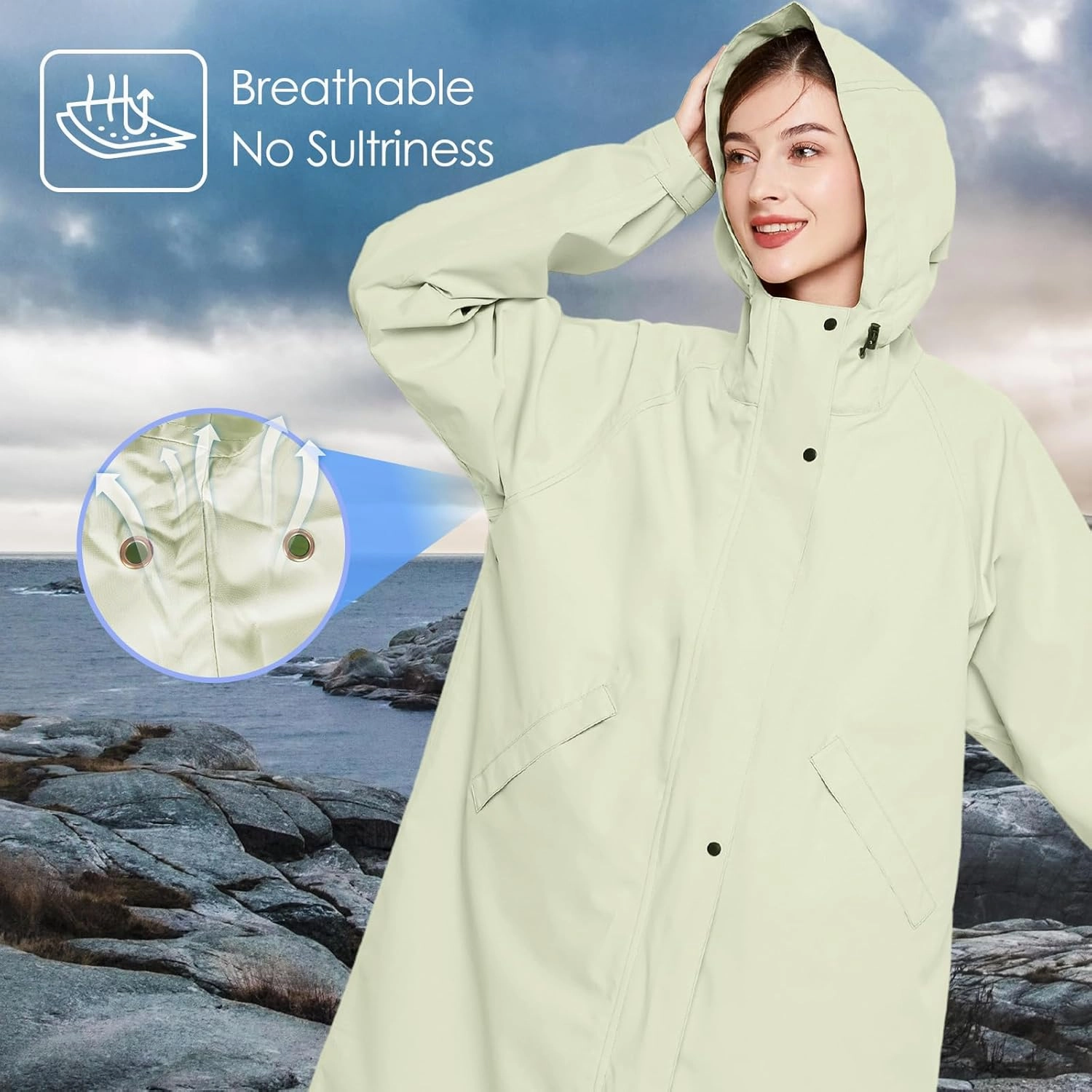 LAMA Long Raincoat for Women, Lightweight Rain Coat with Hooded, Waterproof Rain Jacket, Packable Rainwear