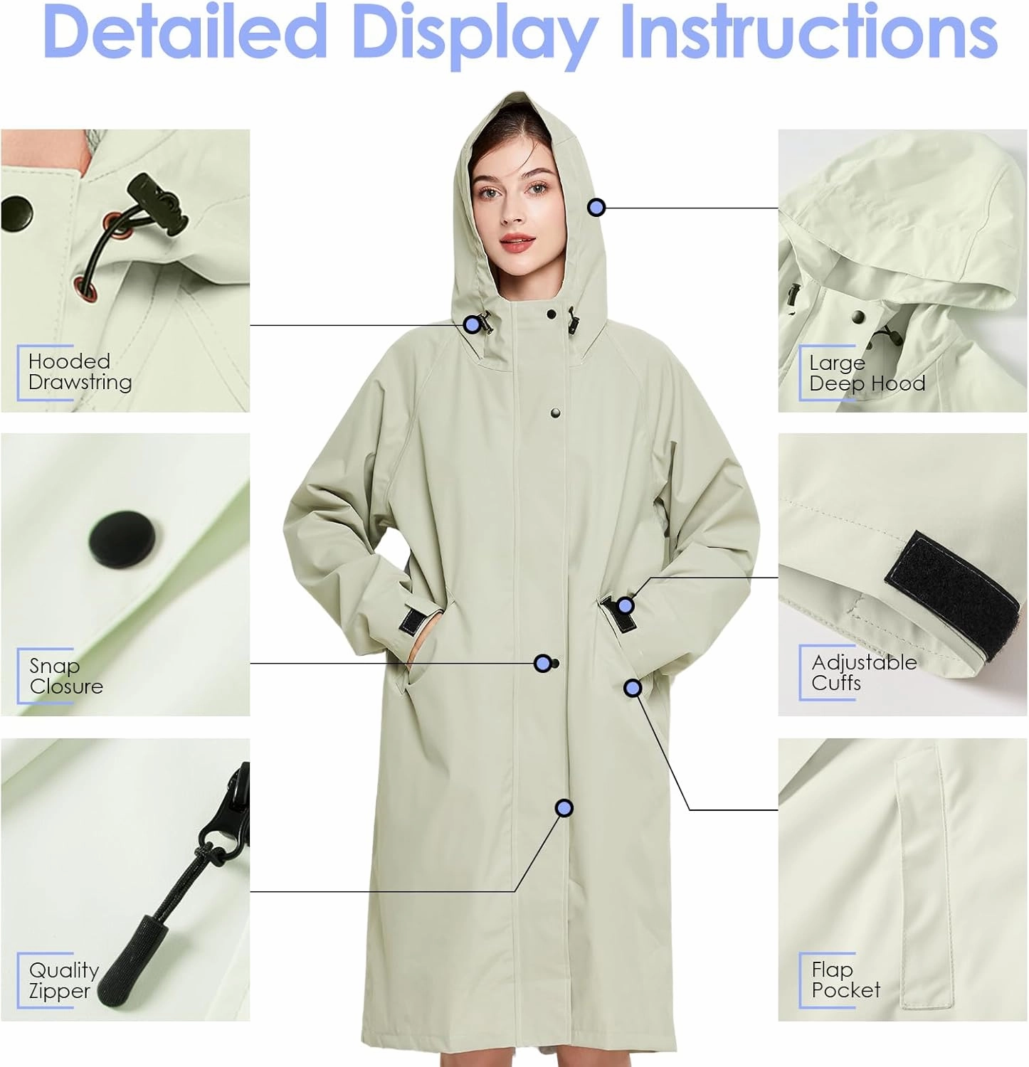 LAMA Long Raincoat for Women, Lightweight Rain Coat with Hooded, Waterproof Rain Jacket, Packable Rainwear