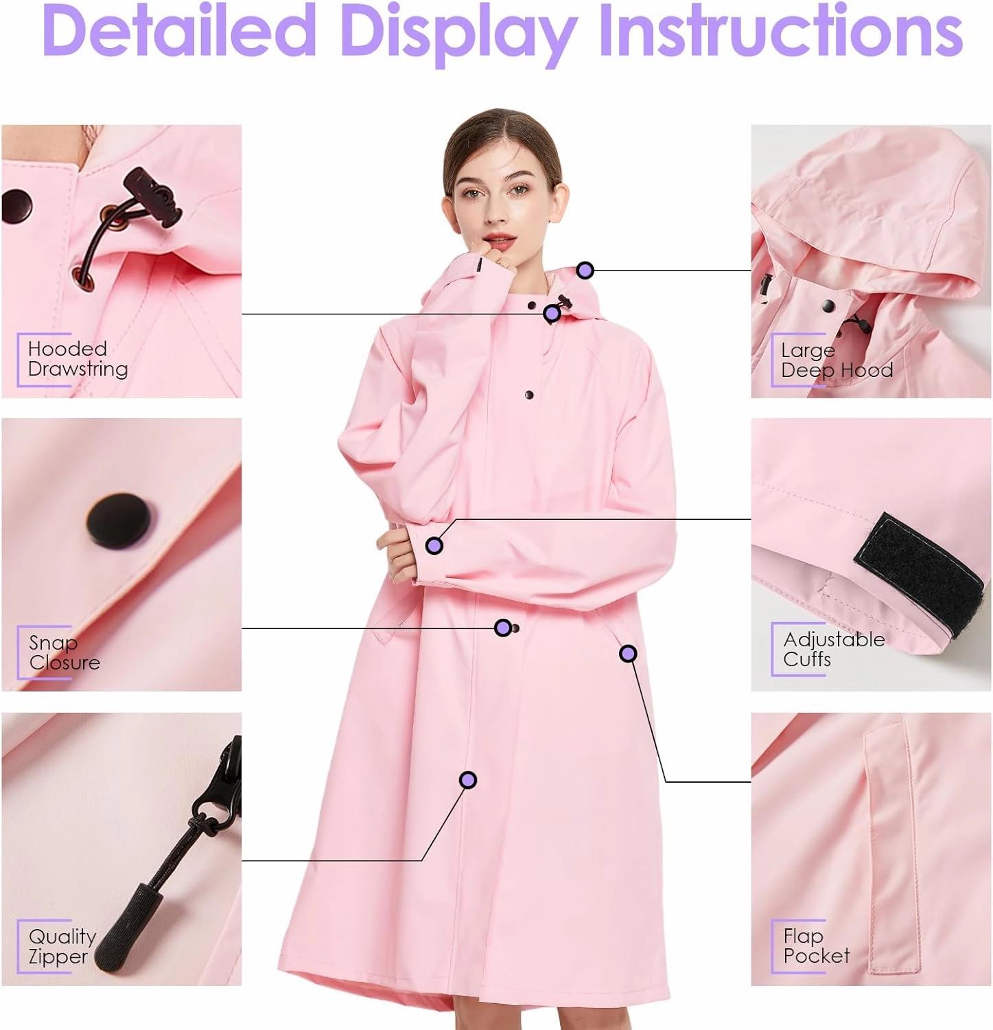 LAMA Long Raincoat for Women, Lightweight Rain Coat with Hooded, Waterproof Rain Jacket, Packable Rainwear
