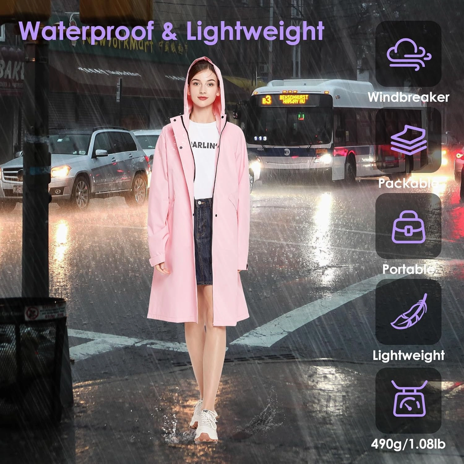 LAMA Long Raincoat for Women, Lightweight Rain Coat with Hooded, Waterproof Rain Jacket, Packable Rainwear