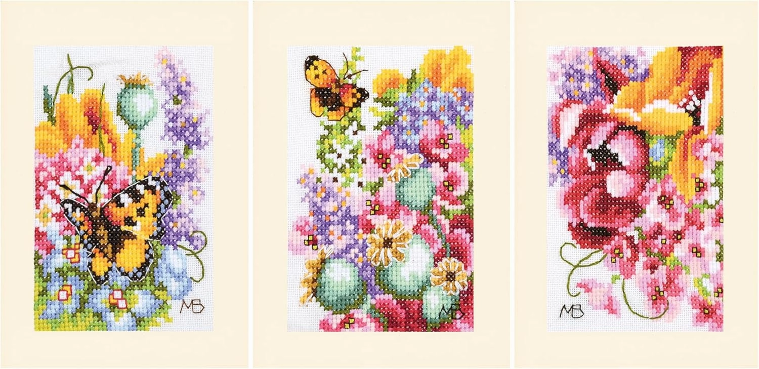 Lanarte Counted Cross Stitch Embroidery Kits Greeting Cards for DIY Flower Power Set of 3 DIY Postcards Adult Embroidery Craft Approx. 10.5 x 15 cm Embroidery Set for Beginners Creative Gift