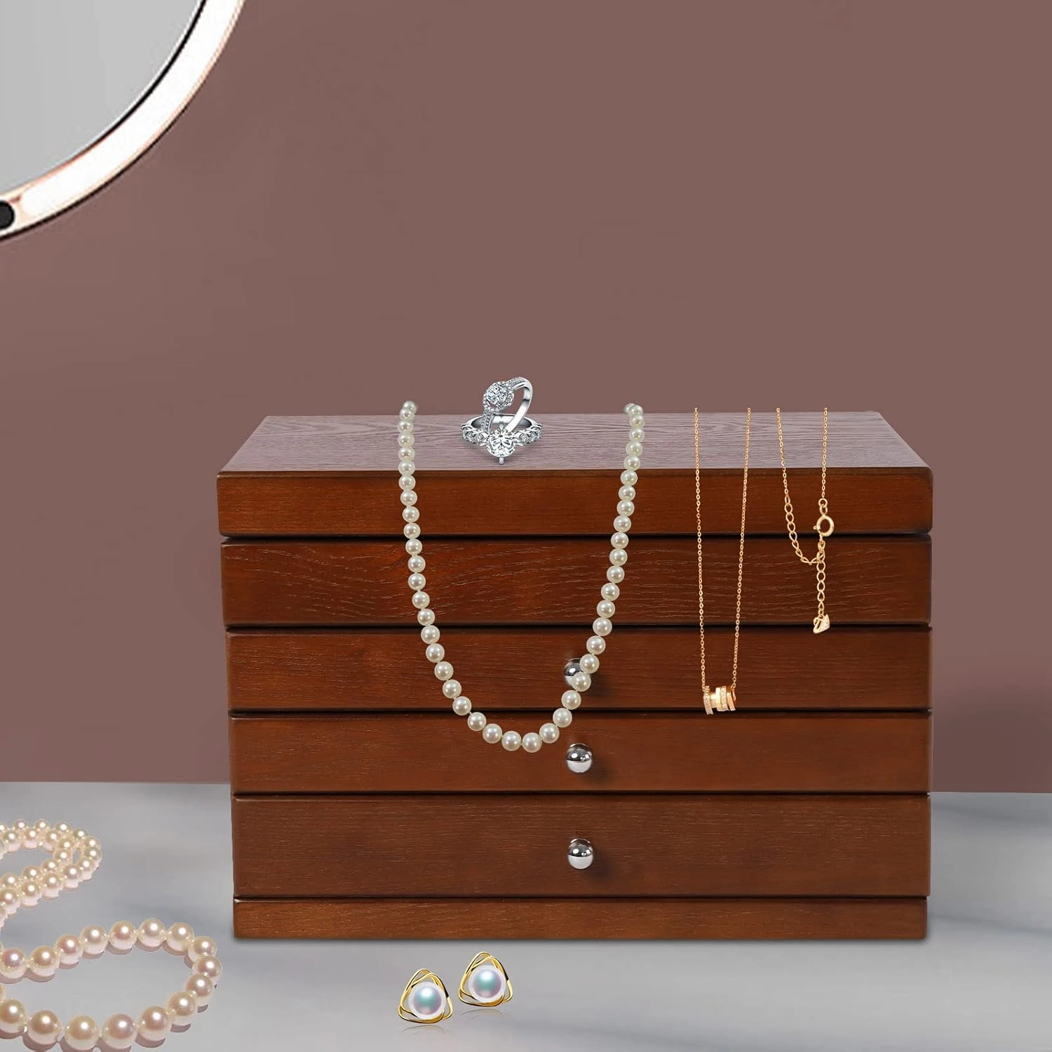 Large Jewelry Box, 4-Tier Jewelry Organizer, Multi-functional Storage Case with Mirror, Accessories Holder with 3 Drawers for Necklace Bracelets Watches (Style 4)