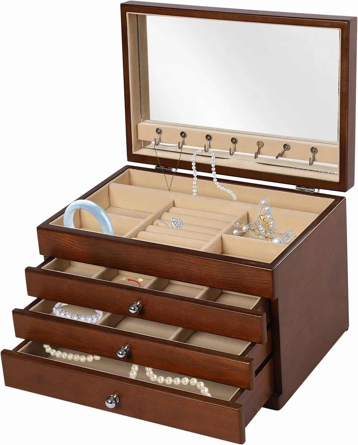 Large Jewelry Box, 4-Tier Jewelry Organizer, Multi-functional Storage Case with Mirror, Accessories Holder with 3 Drawers for Necklace Bracelets Watches (Style 4)