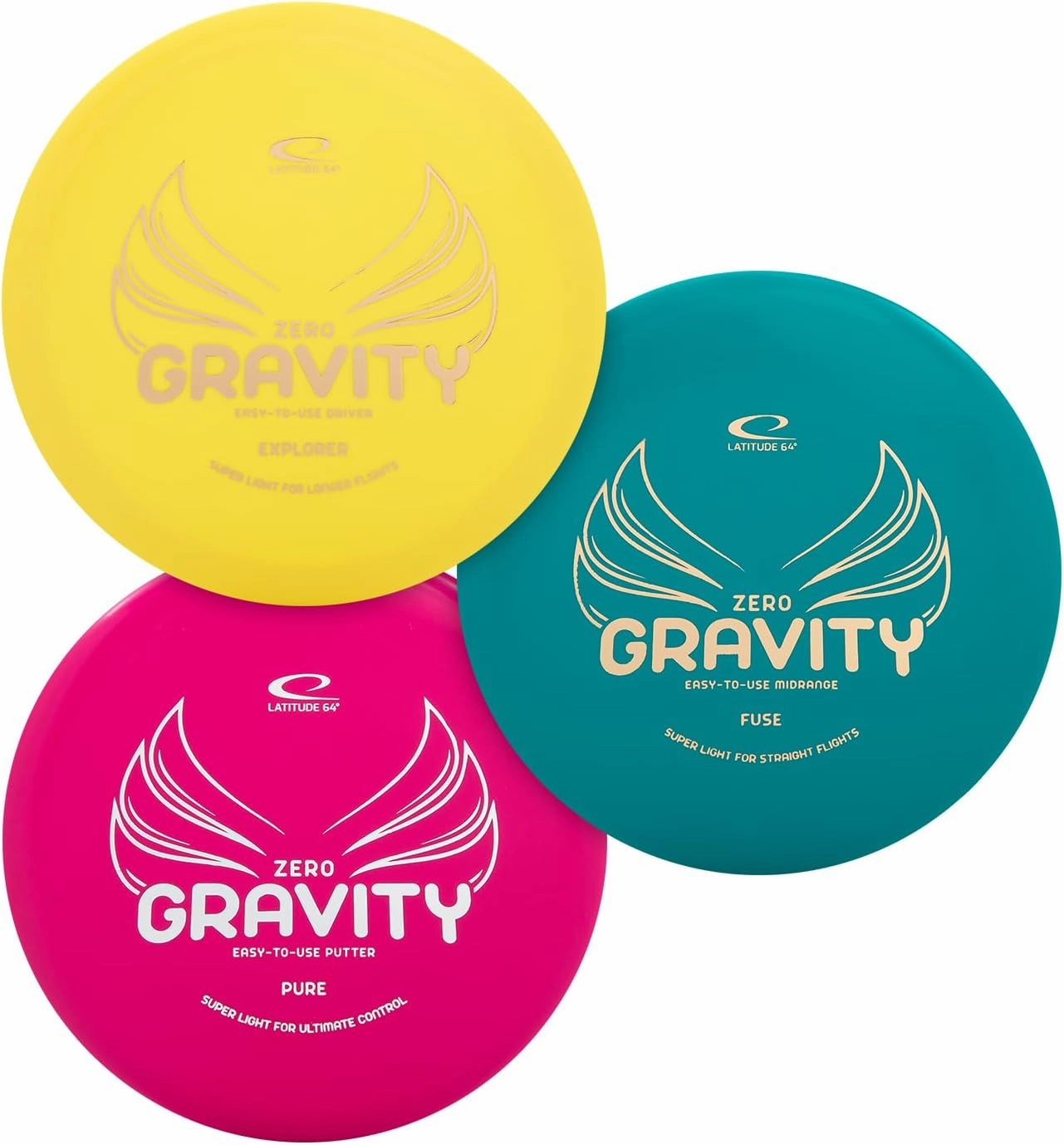 Latitude 64 Gravity Disc Golf Starter Set | 3 Piece Disc Golf Set | Pure, Fuse, Explorer | Lightweight, Floating Plastic for Longer Flights | Perfect for Beginners | 120-130g (Colors May Vary)