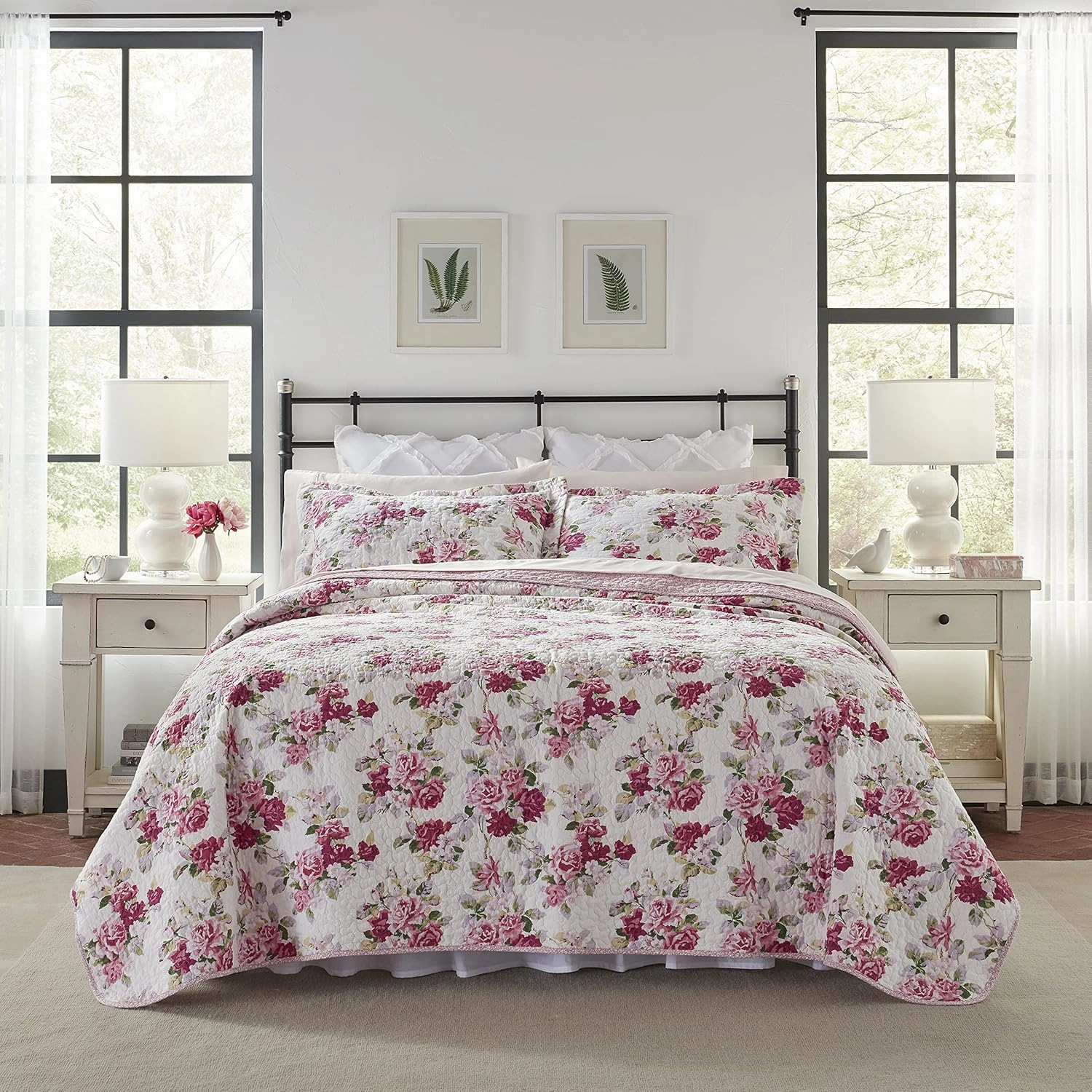 Laura Ashley Lidia Collection Quilt Set-100% Cotton, Reversible, Lightweight & Breathable Bedding, Pre-Washed for Added Softness, Queen, Pink