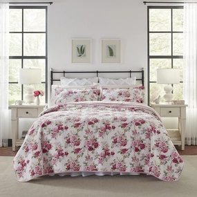Laura Ashley Lidia Collection Quilt Set-100% Cotton, Reversible, Lightweight & Breathable Bedding, Pre-Washed for Added Softness, Queen, Pink