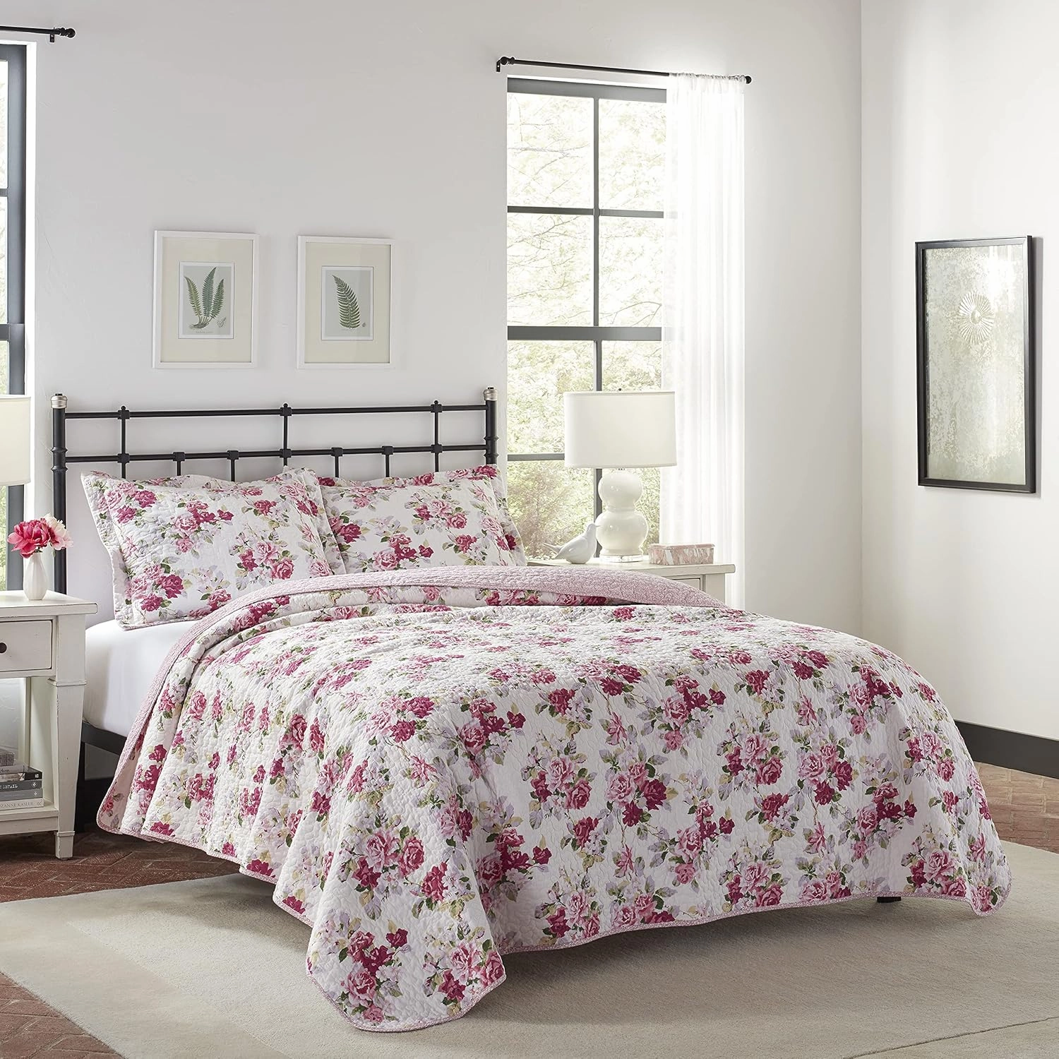 Laura Ashley Lidia Collection Quilt Set-100% Cotton, Reversible, Lightweight & Breathable Bedding, Pre-Washed for Added Softness, Queen, Pink