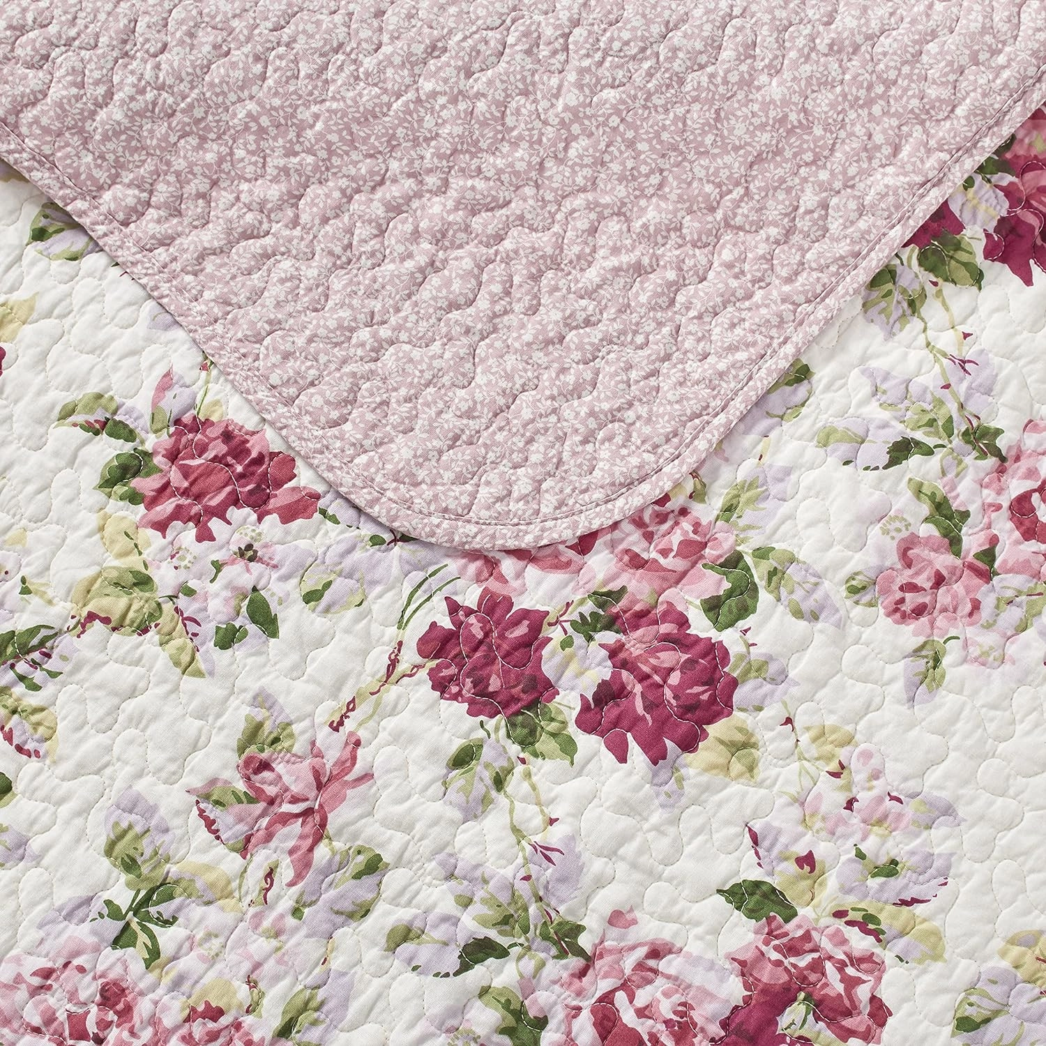 Laura Ashley Lidia Collection Quilt Set-100% Cotton, Reversible, Lightweight & Breathable Bedding, Pre-Washed for Added Softness, Queen, Pink