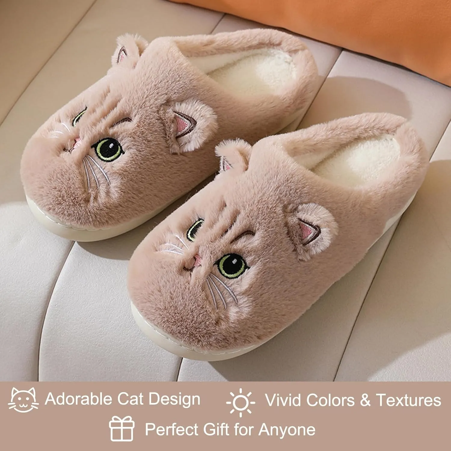 LAVAU Cute Cat Slippers for Women, Fuzzy Fluffy Faux Fur Animal House Slides for Indoor and Outdoor Shoes