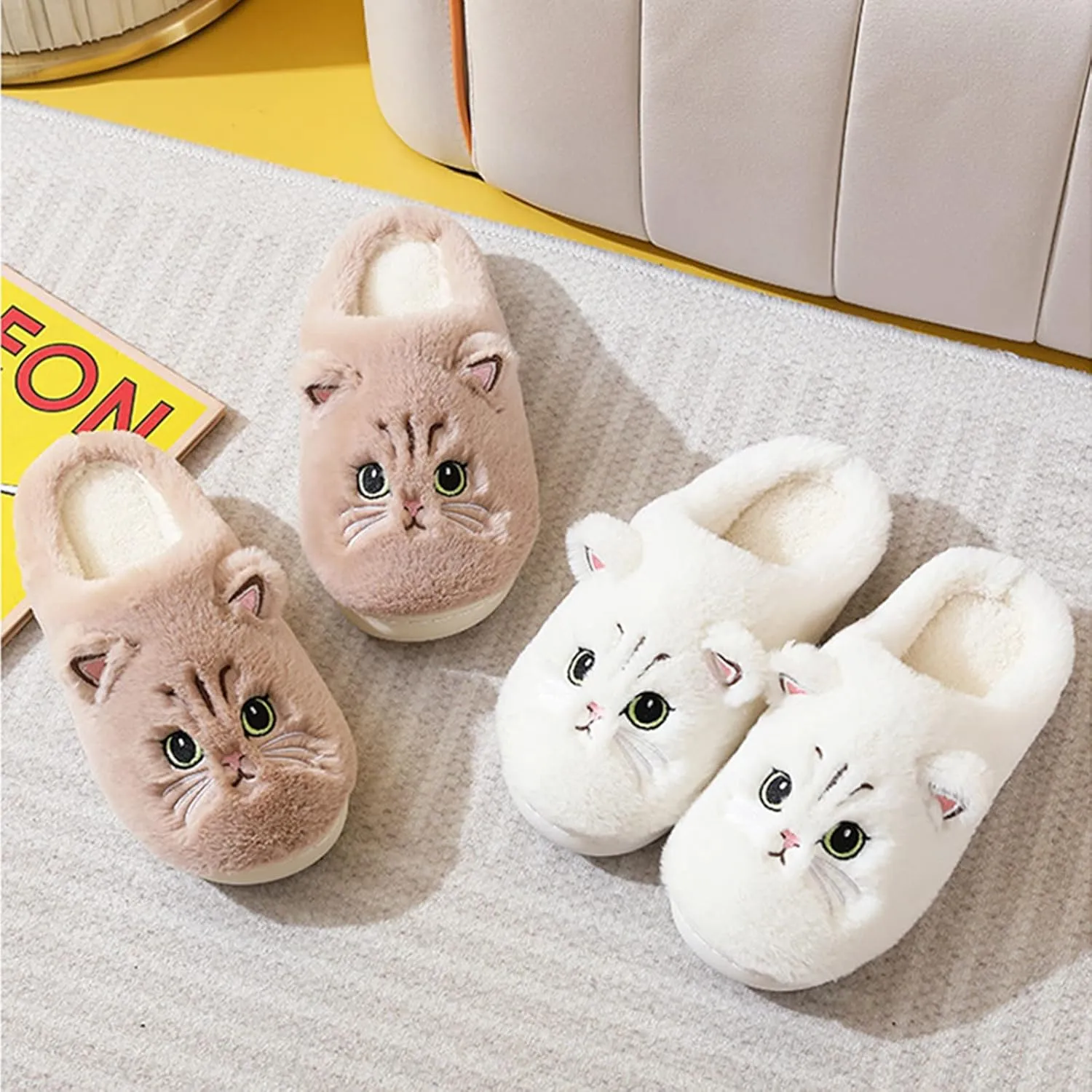 LAVAU Cute Cat Slippers for Women, Fuzzy Fluffy Faux Fur Animal House Slides for Indoor and Outdoor Shoes