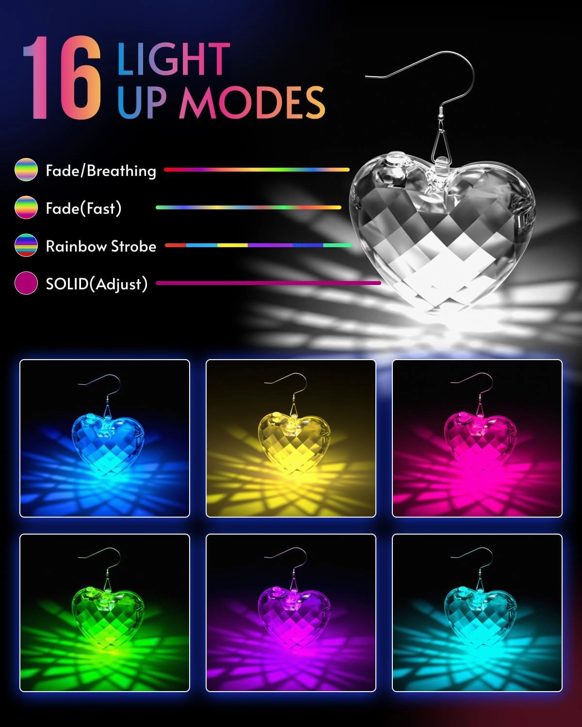 LED Earrings Light Up Earrings 16 Light Modes Rechargeable Disco Heart Earrings for Women Disco Party Decorations & Rave Accessories