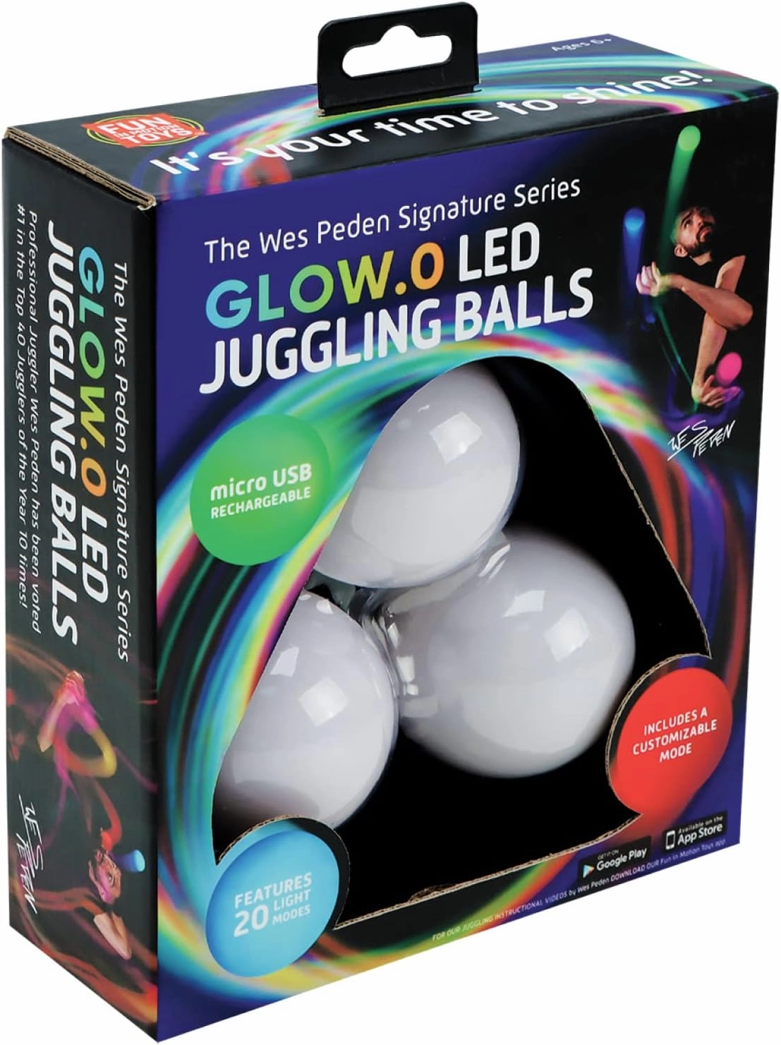 LED Juggling Glow Balls – Unique Wes Peden Model Glow.0 Technology w/ 20 Vibrant Color Light Modes & Patterns – USB Rechargeable, Soft-Core, Pro-Weighted Light Up Ball (Set of 3)
