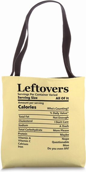 Leftovers Nutrition Facts Funny Food Calories Holiday Food Tote Bag
