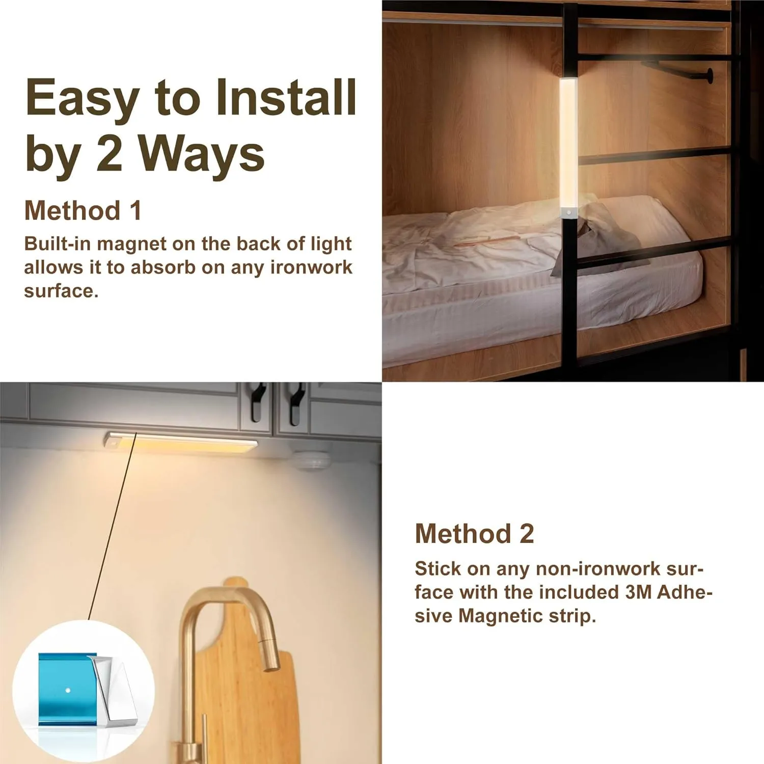LEPOTEC 2 Pack Under Cabinet Lighting,54 LED Motion Sensor Light Indoor,2500mah Rechargeable Under Counter Lights Wireless,Magnetic Battery Operated Closet Night Lights for Kitchen,Bedroom,Stairway