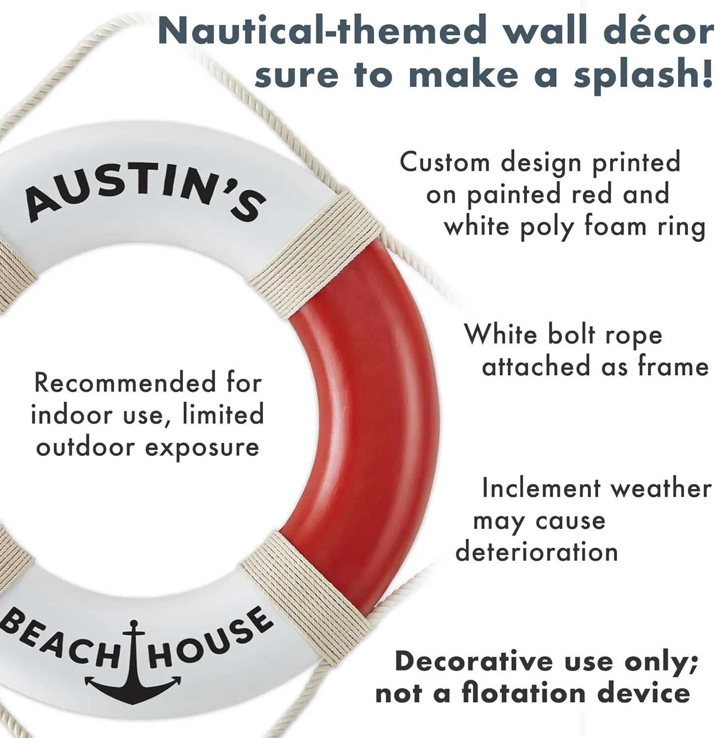 Let's Make Memories Personalized Decorative Life Preserver Ring - Custom Unique Pool, Boat, Beach House Decor - Weather-Durable Fabric - Personalize with Message - 21' dia. - Serif