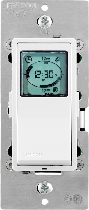 Leviton Decora Programmable and Astronomical Timer Switch for Lights and Motor Loads, Neutral Wire Required, Single Pole or 3-Way, VPT24-1PZ, White with Ivory and Light Almond Faceplates