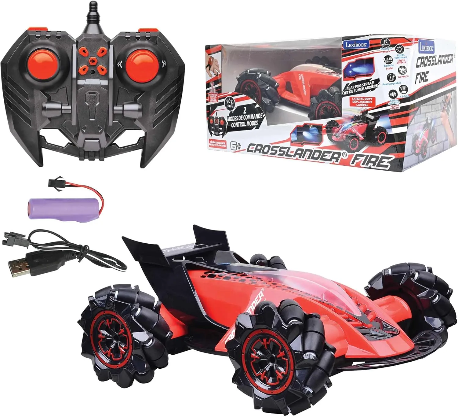 Lexibook, Crosslander Fire, Remote-Controlled car, up to 12km/h, 4 Wheel Drive, Smoke Jet, Light and Sound Effects, Music, Remote Gesture Control Bracelet Included, Rechargeable, RC60, Red