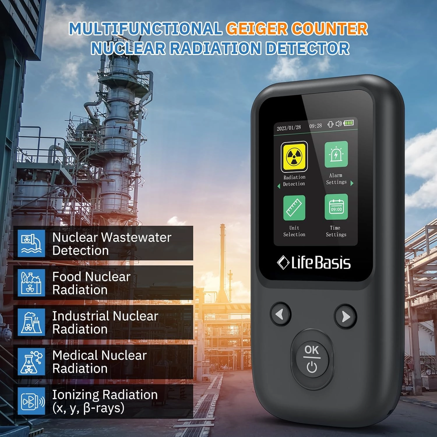 LifeBasis Geiger Counter Nuclear Radiation Detector, Radiation Dosimeter with TFT Display and Smart Alert Rechargeable Beta Gamma X-ray Radiation Monitor - with Lanyard and Bracket, Gloss Black