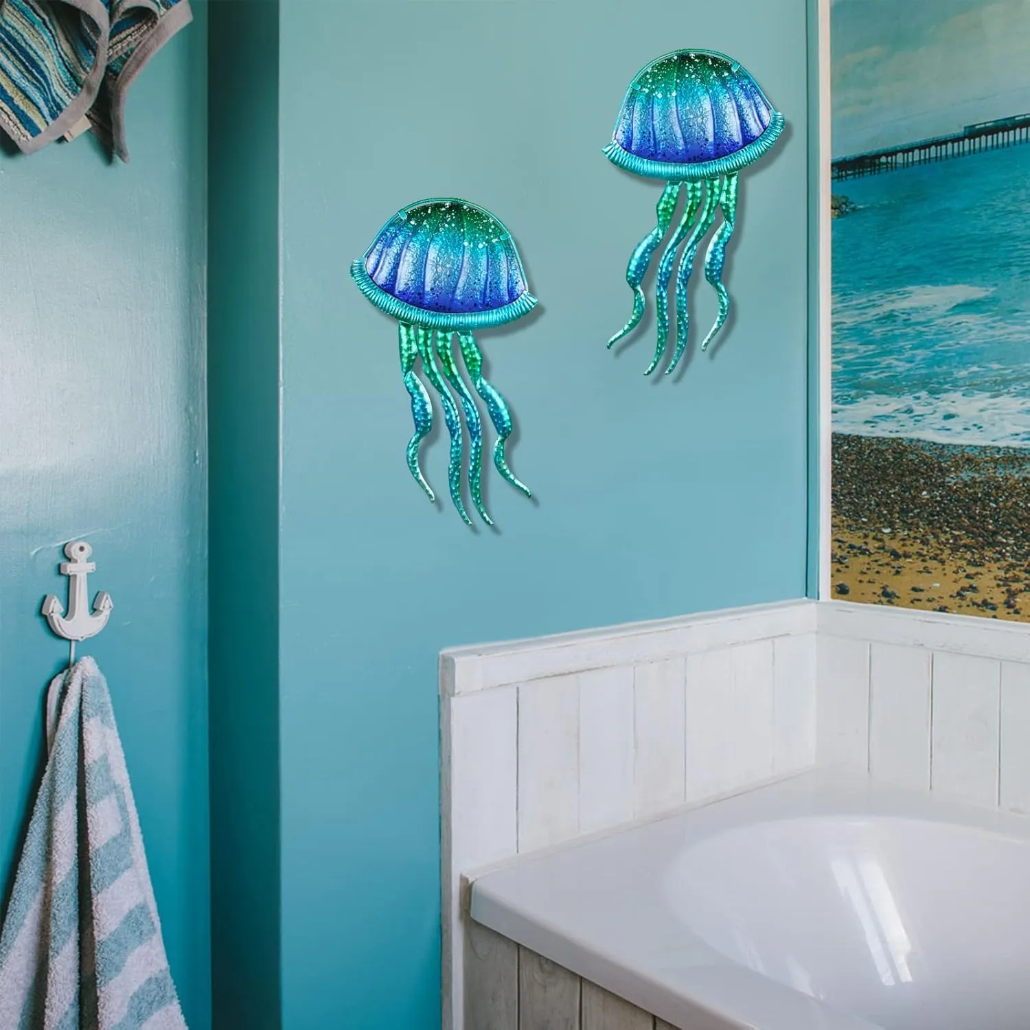 LIFFY Metal Jellyfish Wall Decor - Ocean Tropical Fish Wall Art - Glass Metal Fish Wall Decor for Pool, Beach, Bathroom, Living Room, Bedroom - 15inch, 2Pcs