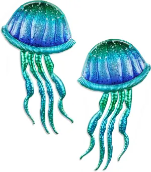 LIFFY Metal Jellyfish Wall Decor - Ocean Tropical Fish Wall Art - Glass Metal Fish Wall Decor for Pool, Beach, Bathroom, Living Room, Bedroom - 15inch, 2Pcs