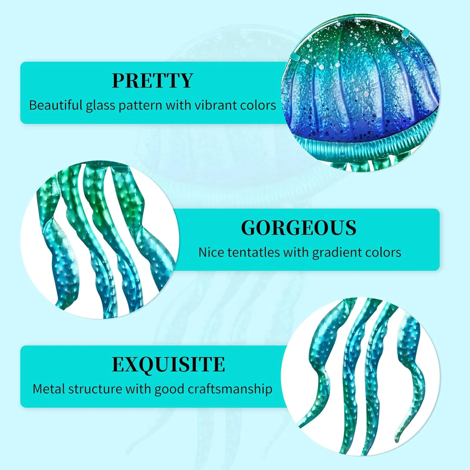 LIFFY Metal Jellyfish Wall Decor - Ocean Tropical Fish Wall Art - Glass Metal Fish Wall Decor for Pool, Beach, Bathroom, Living Room, Bedroom - 15inch, 2Pcs