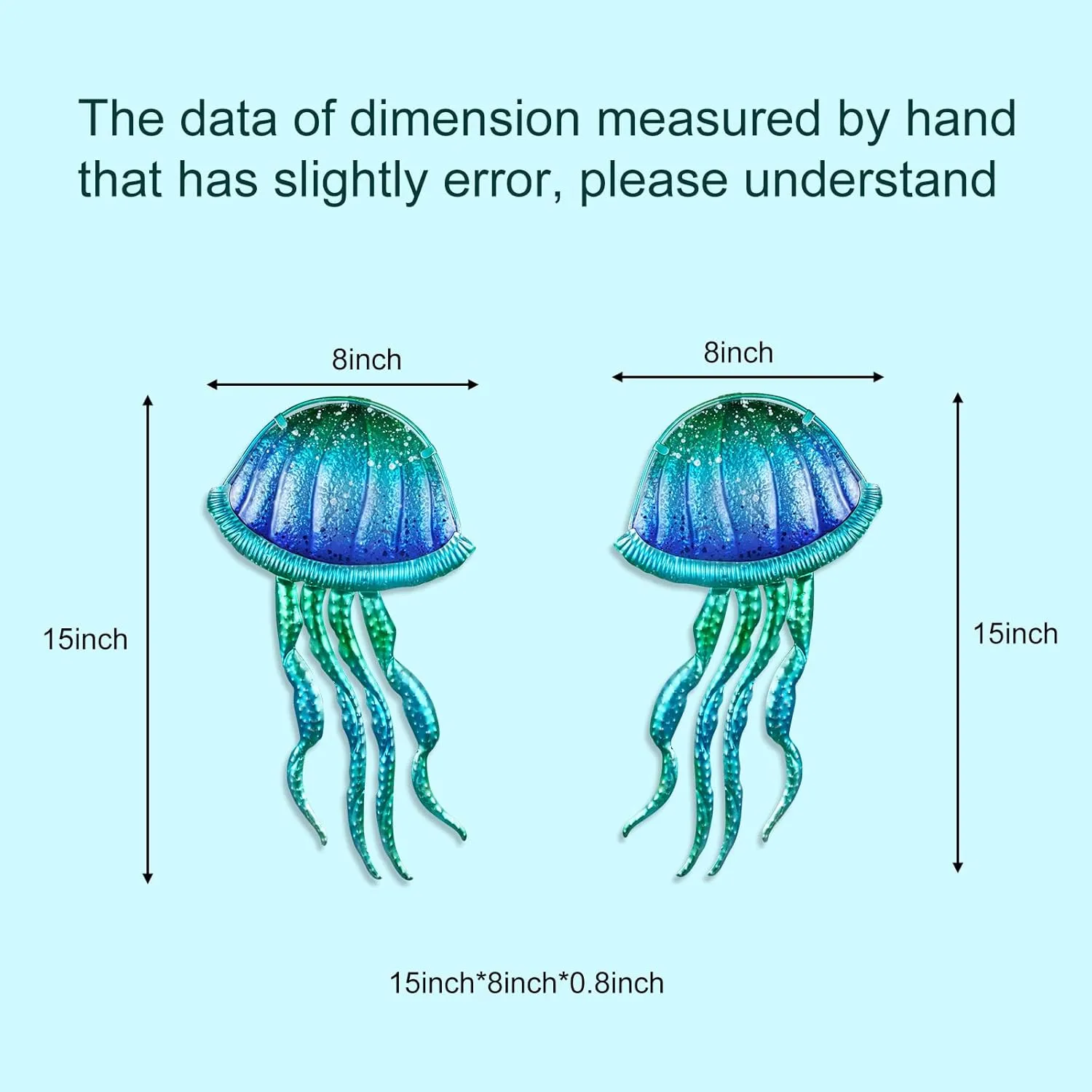 LIFFY Metal Jellyfish Wall Decor - Ocean Tropical Fish Wall Art - Glass Metal Fish Wall Decor for Pool, Beach, Bathroom, Living Room, Bedroom - 15inch, 2Pcs