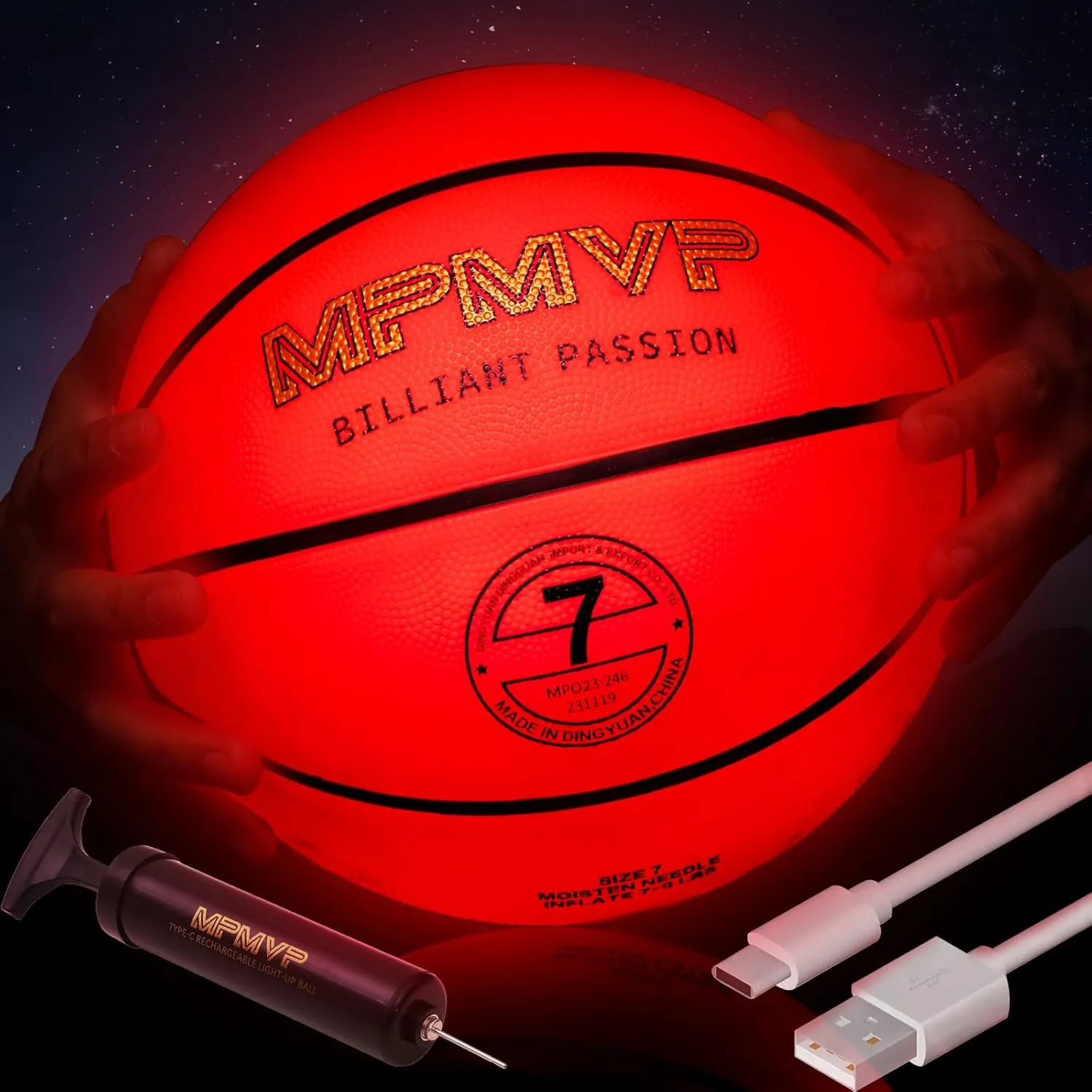 Light Up Basketball - Size 7 - Glow in The Dark - Equipped with USB-C Cable, Pump, Ball Bag - Gifts for Boys Who Love Basketball - Suitable for Indoor