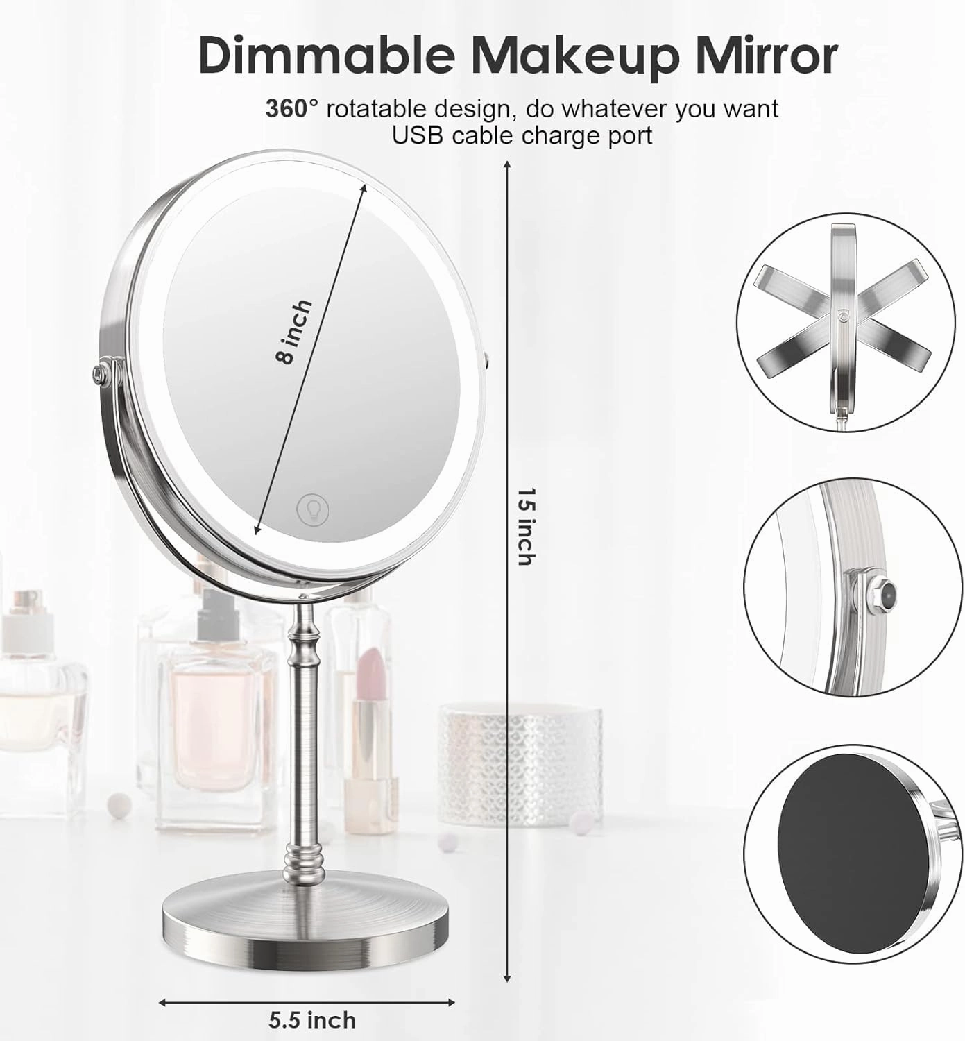 Lighted Makeup Mirror, 3000 mAh Rechargeable Double Sided Magnifying Vanity Mirror with 3 Colors, 1x/10x, 360° Rotation , Brightness Adjustable Magnification Cosmetic Light up Mirror, Women Gift