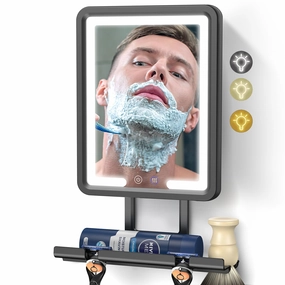 Lighted Shower Mirror Fogless for Shaving, Heated Fogless Shower Mirror with 3 Colors Stepless Dimmable Lights, Rechargeable Adjustable Shaving Mirror with Razor Stand, Brush Holder for Men