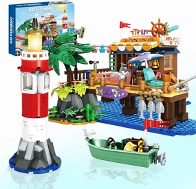 Lighthouse Seaside Fishing Village House with Palm Tree & Boat, Coastal Cabin Building Set, Architecture Toy Kit, Building Block Toy Creative Ideas Gifts for Adult Teen Boy Girl Age 6  (603 Pcs)
