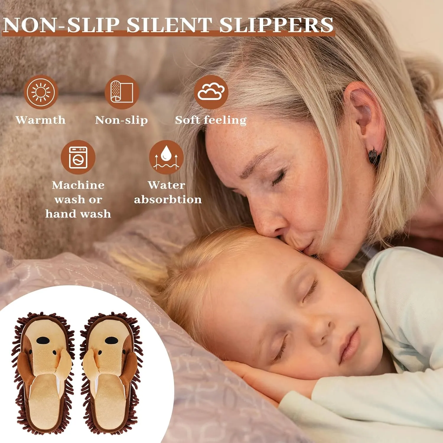 Liitrton Washable Chenille Microfiber Slippers Floor Dust Dirt Hair Detachable Microfiber Mop Slippers for Office Home Room (Brown, Women 4.5-6)