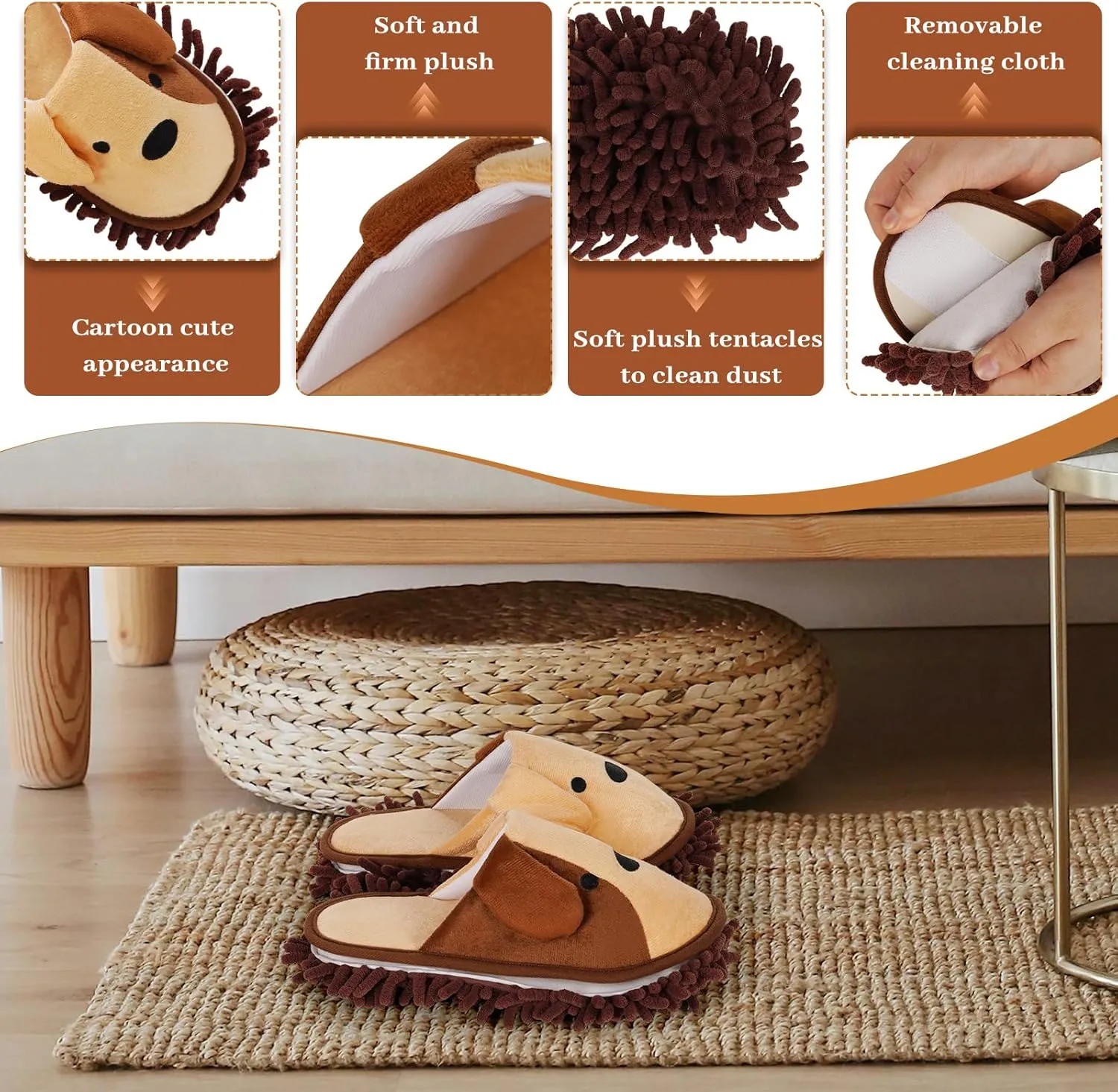 Liitrton Washable Chenille Microfiber Slippers Floor Dust Dirt Hair Detachable Microfiber Mop Slippers for Office Home Room (Brown, Women 4.5-6)